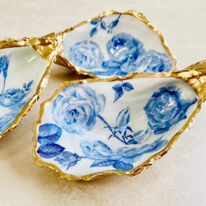 Extra Large Oyster Shell Ring Dish, Blue Roses, Gold Gilded, Gloss Resin Finish