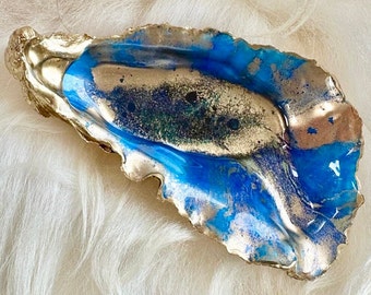 Blue Abyss | Fabulous Hand-painted Suffolk Oyster Shell Art. Seashell Ornament. Stunning Trinket Dish. Jewellery Dish. Gift for ANY occasion