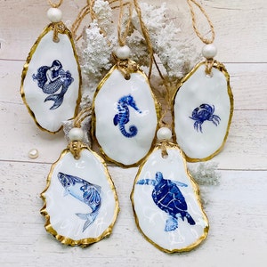 Sea Creatures. Norfolk Oyster Shell Ornaments Set of 5, Decorative Shell Art. Crystal Resin Finish. Beautifully Boxed Gift Set.  Made in UK