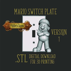 May include: A 3D printed light switch plate featuring a grey Mario character with a red cap and moustache. The plate is designed for a single switch and has a white background. The text "That's Kool" is visible in the top left corner of the image. The text "VERSION 1" is visible in the top right corner of the image. The text ".STL DIGITAL DOWNLOAD FOR 3D PRINTING" is visible at the bottom of the image.