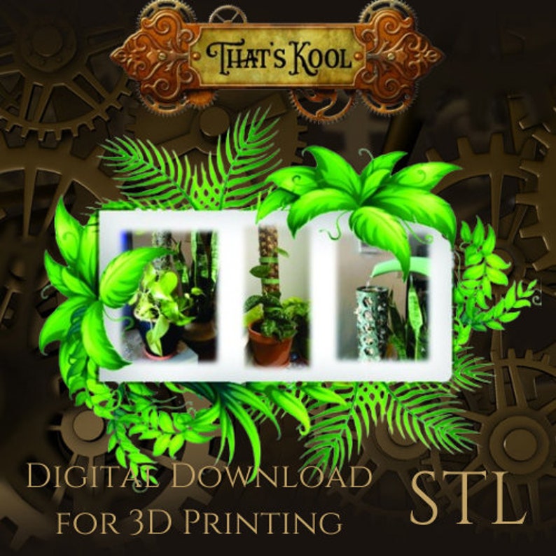 Puede incluir: Descarga digital de archivo STL para impresi&oacute;n 3D de un soporte de plantas con tres secciones. El soporte es de metal y tiene un dise&ntilde;o r&uacute;stico e industrial. La imagen muestra el soporte con plantas creciendo en &eacute;l.
