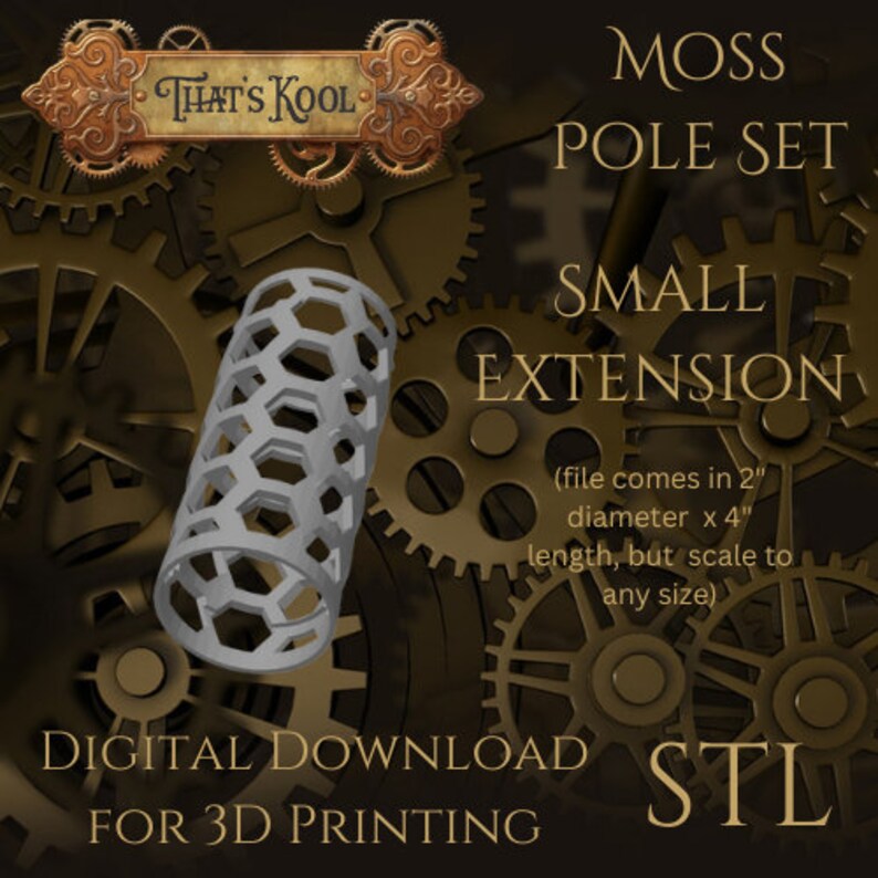 Puede incluir: Un archivo STL de descarga digital para la impresi&oacute;n 3D de una peque&ntilde;a extensi&oacute;n para un conjunto de postes de musgo. El archivo viene en 5 cm de di&aacute;metro y 10 cm de longitud, pero se puede escalar a cualquier tama&ntilde;o. La imagen muestra un modelo 3D de la extensi&oacute;n, que es un cilindro hueco con un patr&oacute;n hexagonal.