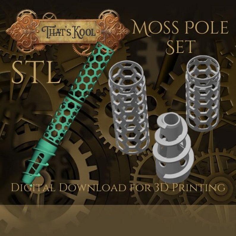 Puede incluir: Un conjunto de tres postes de musgo imprimibles en 3D para plantas. Los postes est&aacute;n hechos de un dise&ntilde;o de panal y est&aacute;n disponibles como descarga digital. El texto "That's Kool" y "STL" es visible en la imagen.