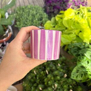 May include: A cylindrical ceramic planter featuring vertical stripes in alternating shades of light purple and white. The smooth, glossy surface of the pot reflects light, showcasing the clean, straight lines of the painted pattern around the exterior.