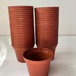 Peut inclure: Plusieurs pots de plantes en plastique marron sont empilés en deux colonnes, avec un pot devant. Ces pots sont en plastique durable. Ils conviennent à la plantation de fleurs, d'herbes ou d'autres plantes. Les pots mesurent environ 10 cm de diamètre.