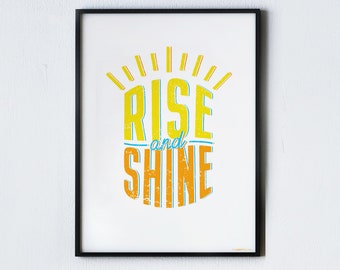 Rise and shine bedroom wall decor art print - sunny happy quote. New Years resolution print