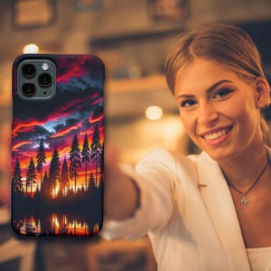 Custodia per telefono con silhouette di pino al tramonto, magnetica e resistente - Arte della natura del paesaggio forestale, cielo notturno, regalo di avventura, custodia per telefono per esterni,