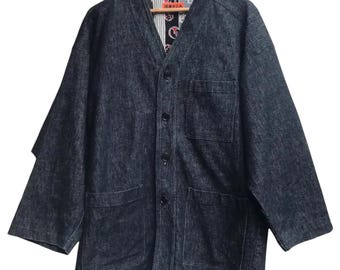 Vintage 90s Sakamoto Denim Haori Jacket – Indigo Kimono Chore Coat Men’s L