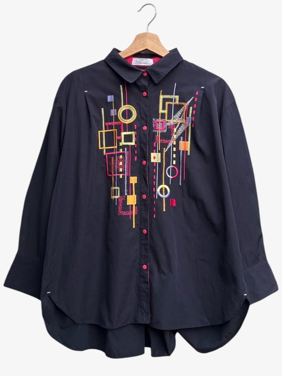 Kansai Yamamoto, Vintage Super Lady by Kansai Yamamoto Embroidered Blouse, Abstract Psychedelic Shirt (Size 3L)