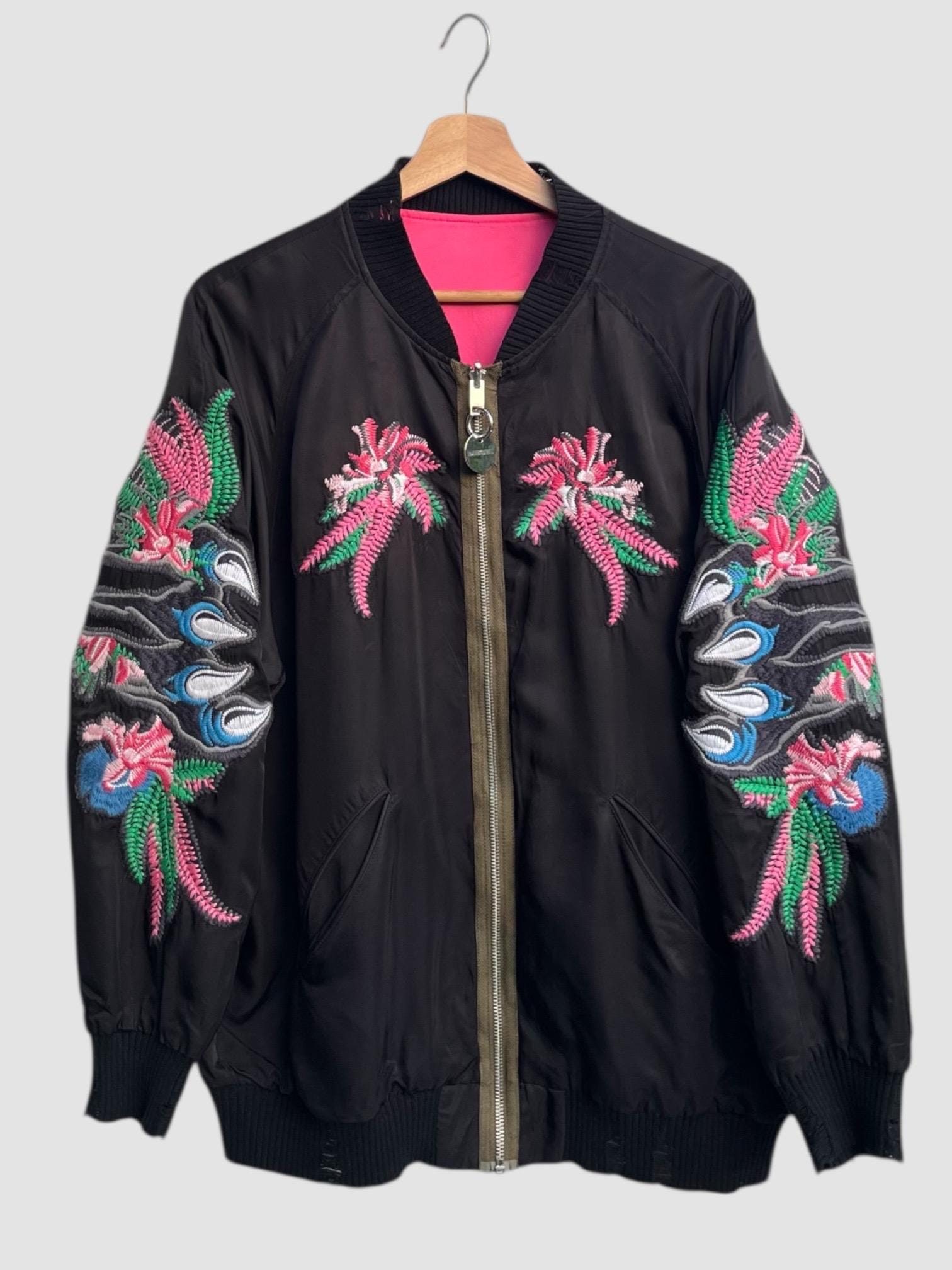 Diesel Embroidered Panther Reversible Bomber Jacket Black Satin 