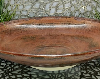 Hand thrown 11.25 inch porcelain Chinese style footed fruit bowl in burnished copper, 11.25x 2.5