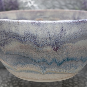 Hand thrown large 5 quart porcelain mixing bread bowl in honey cream and mottled purple, blue and turquoise glaze combination, 11x6.