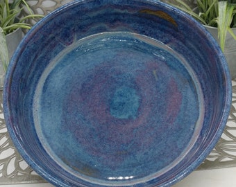 Hand thrown 3 cup shallow Porcelain serving dish in earth tone blue and violet, 7.3x2