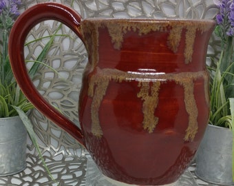 Huge hand thrown 26 oz porcelain mug in fiery red and gold