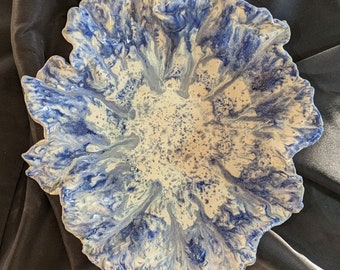 Stunning hand built white stoneware irregular bowl in speckled blue and white with silver and blue streaks. 11x5.5