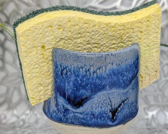 Hand thrown simple small sponge holder in varegiated dark blue glaze, 3.1x2.75.