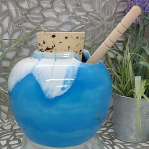 Hand thrown 16 oz porcelain honey pot in carribean blue and white with cork and dipper, 3.75x4