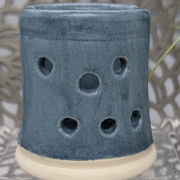 Small Hand thrown vented porcelain sponge holder with drain in frosted blue glaze, 2.5x3