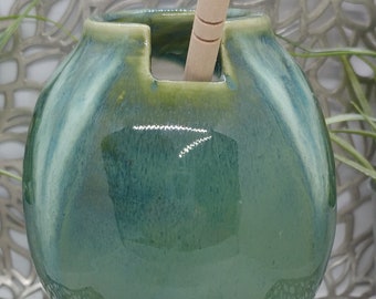 Hand thrown 16 oz porcelain honey pot in moss green and white with dipper and cork,3.75x4.25
