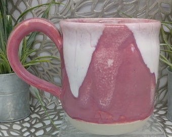 Hand thrown simple 14 oz straight sided coffee cup in pink opal and white