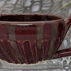 Hand thrown and hand carved 8oz fluted porcelain cappuccino coffee cup in imperial red and gold