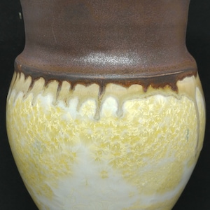 Hand thrown white stoneware vase in white and gold crystalline glaze and bronze, 4.6-5.5 x 7.5