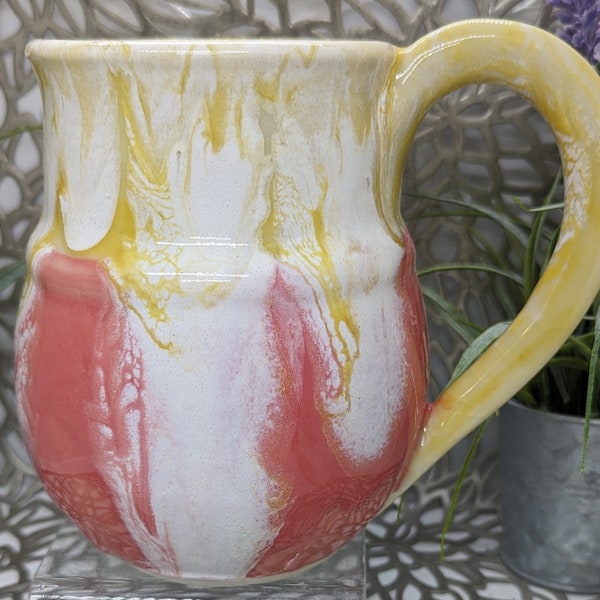 Huge hand thrown 32 oz porcelain mug in marigold yellow, coral and white