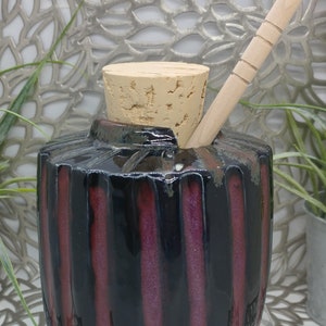 Hand thrown 16 oz Fluted porcelain honey pot with cork and dipper in black and purple, 4x4.25