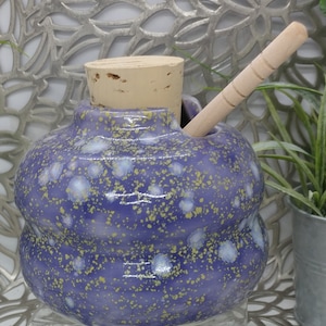 Hand thrown 16 oz porcelain honey pot in bluish purple speckled glaze with cork and dipper, 4x4.25