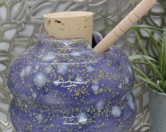 Hand thrown 16 oz porcelain honey pot in bluish purple speckled glaze with cork and dipper, 4x4.25