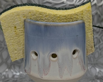 Hand thrown and carved vented porcelain sponge holder in honey cream and blue glaze and 3x3