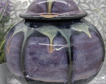Hand thrown and trimmed colorful 11 cup porcelain jar urn in obsidian purple and smoke glaze.