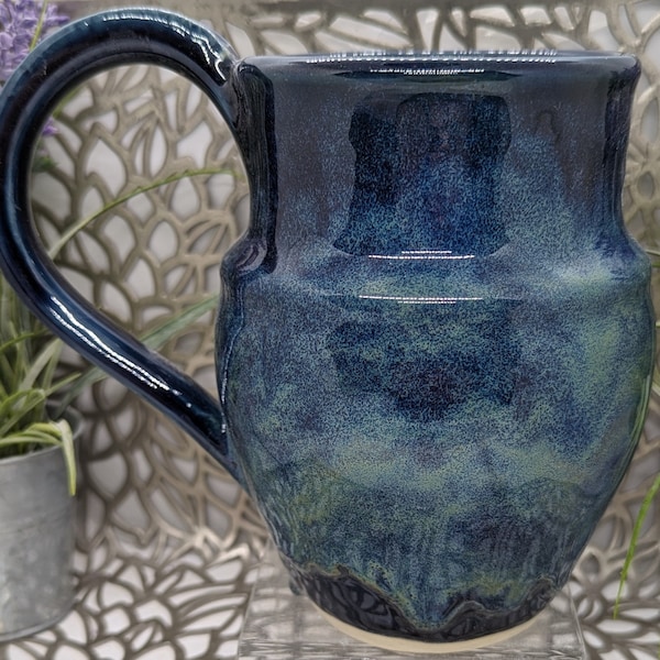 Gigantic 36oz hand thrown porcelain mug in dark blue celadon and sea mist glaze
