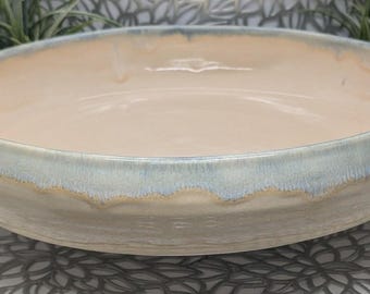 Hand thrown big 12 inch shallow porcelain serving bowl in honey cream,white and light blue glaze, 12.25x,2.6