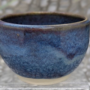 Hand thrown 9 oz traditional Chinese style footed tea bowl in earth tone blue, 4.2x2.8