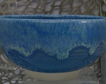 Hand thrown 24 ounce footed porcelain bowl in oasis blue and white, 6x3