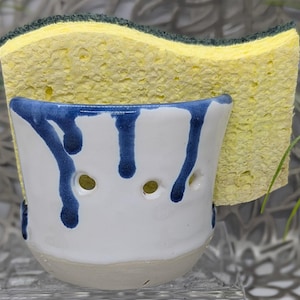Hand thrown vented flared porcelain sponge holder in white and blue, 3.5x2.8