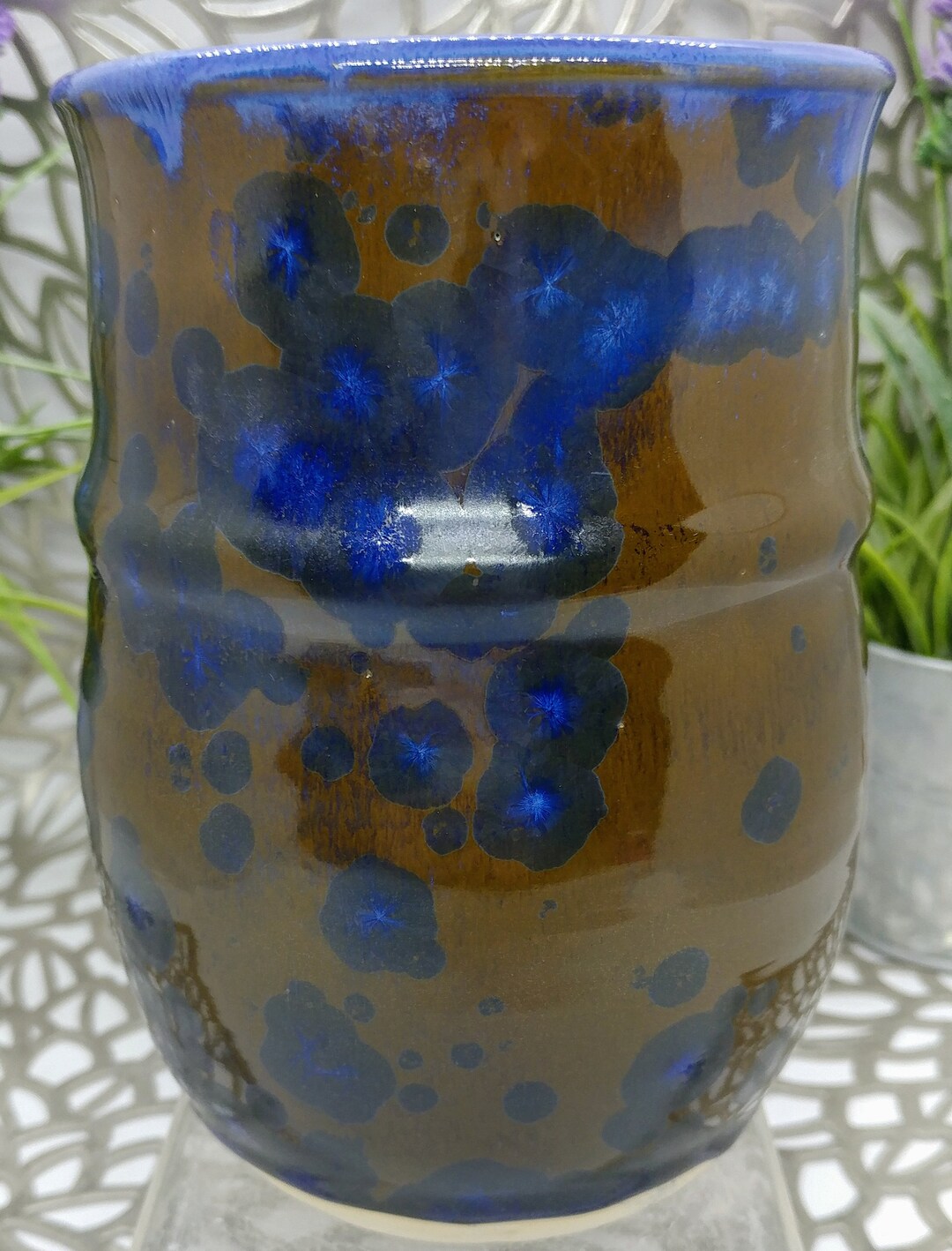 Hand Thrown White Stoneware Vase in Blue Crystalline Glaze and Gold, 3. ...