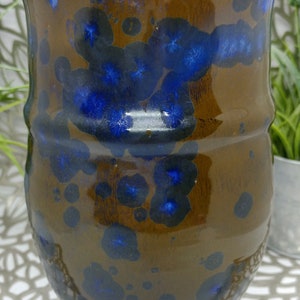 Hand thrown white stoneware vase in blue crystalline glaze and gold, 3.8 x 5.8