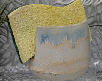 Hand thrown and carved simple sponge holder in honey cream and blue, 3.4x3