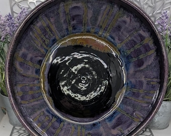 Large hand thrown 14 cup porcelain serving bowl in obsidian, purple, blue and gold glaze, 10.25x5.