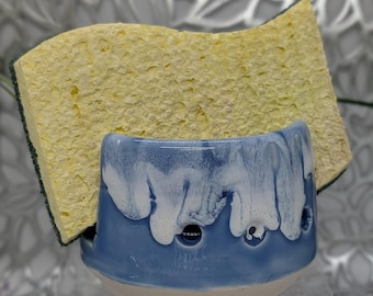 Hand thrown and carved small vented sponge holder in sky blue and white, 3.2x2.5