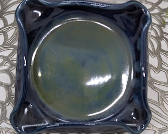 Hand thrown square single spoon rest in dark blue celadon and sea mist, 4x4