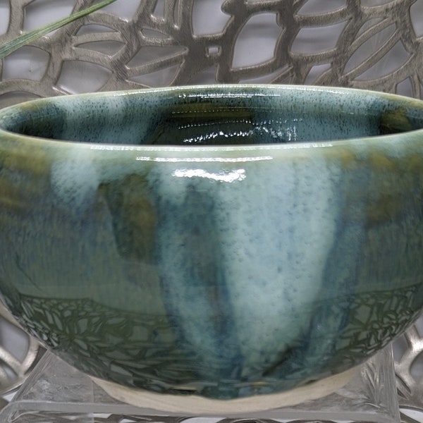 Hand thrown small 11 oz footed porcelain bowl in mossy green and white with blue hints, 4.25x2.5