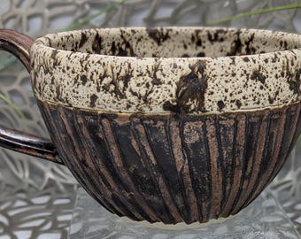 Hand thrown and carved 16 oz fluted porcelain cappuccino coffee cup in antique copper and brown speckled cream.