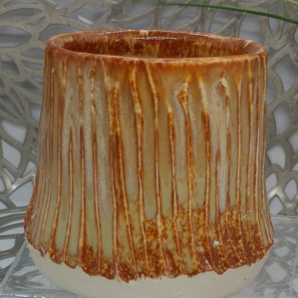 Hand thrown textured porcelain tea bowl, toothpick holder, in warm brown and cream, 2.3x2.5