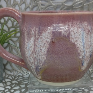 Hand thrown 22 oz porcelain soup mug in lavender mist and white with blue drips
