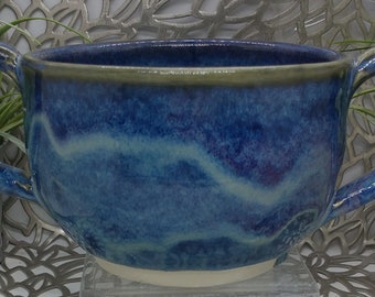 Unique 26 oz double handed soup bowl in earth tone blue and violet, 5.2x3.5