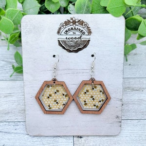 Honeycomb Bee Earrings | Laser Cut Wood & Pattern Acrylic