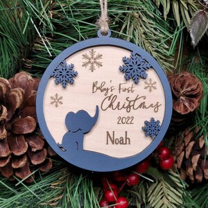 Personalized Wooden Baby's First Christmas Elephant Ornament | Laser cut & Engraved | Christmas Ornament